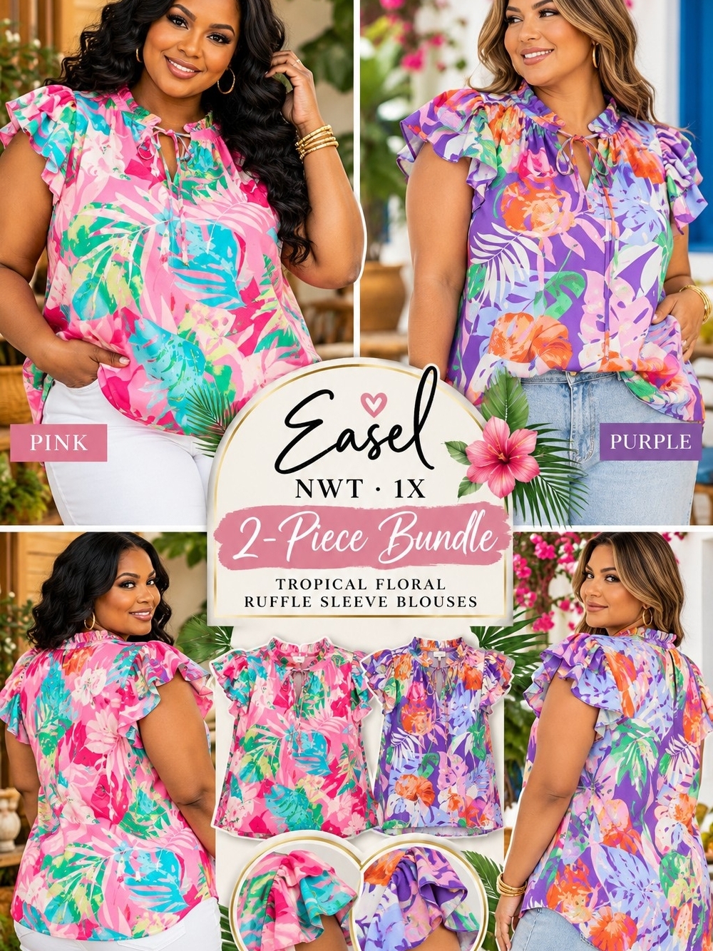 Easel NWT 1X Tropical Floral Ruffle Sleeve Blouse 2-Piece Bundle
